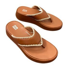 FitFlop Sandals Platform 8 Brown F-Mode Crochet Stitch Leather Flatform Toe Flip